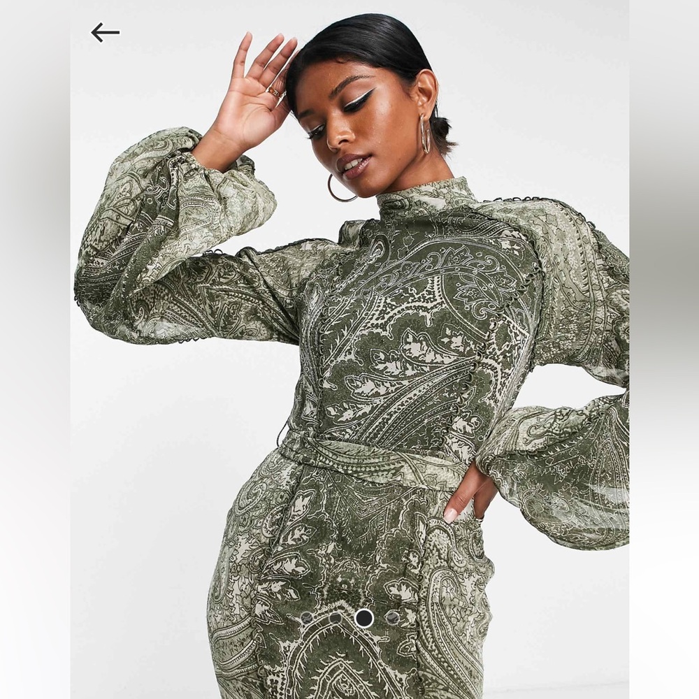 ASOS Lace Trim Green Paisley Long Sleeve Dress